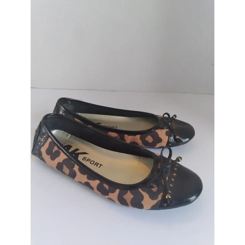 AK Sport‎ Leopard Print Ballet Flats Black Patent Bow Detail Shoes